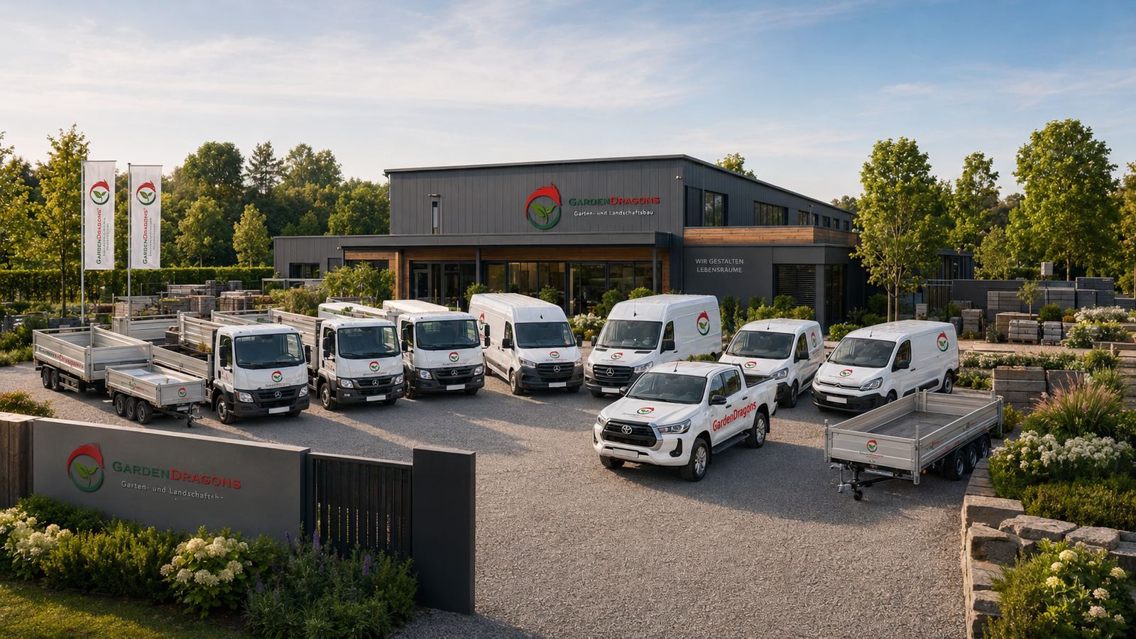 Visualisierung des künftigen GardenDragons-Betriebshofs mit Halle und Fuhrpark